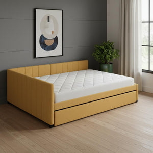 HomeRoots Yellow Tufted Linen Day Bed with Trundle – Stylish, Space-Saving Sleeping Solution for Any Room 663493
