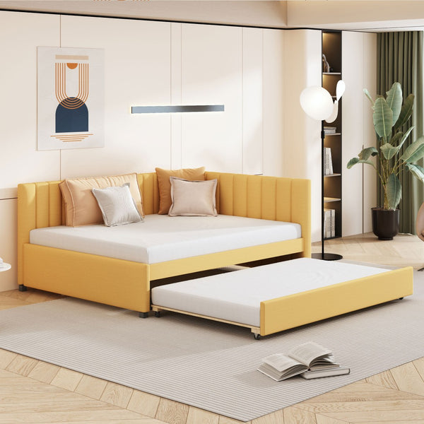HomeRoots Yellow Tufted Linen Day Bed with Trundle – Stylish, Space-Saving Sleeping Solution for Any Room 663493