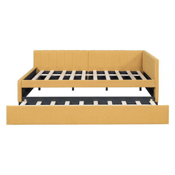 HomeRoots Yellow Tufted Linen Day Bed with Trundle – Stylish, Space-Saving Sleeping Solution for Any Room 663493