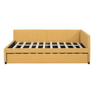 HomeRoots Yellow Tufted Linen Day Bed with Trundle – Stylish, Space-Saving Sleeping Solution for Any Room 663493