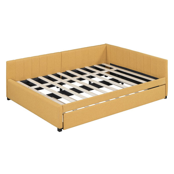 HomeRoots Yellow Tufted Linen Day Bed with Trundle – Stylish, Space-Saving Sleeping Solution for Any Room 663493