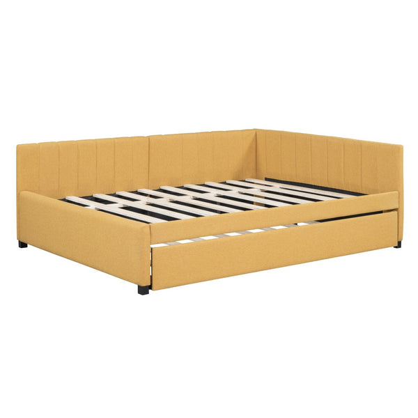 HomeRoots Yellow Tufted Linen Day Bed with Trundle – Stylish, Space-Saving Sleeping Solution for Any Room 663493
