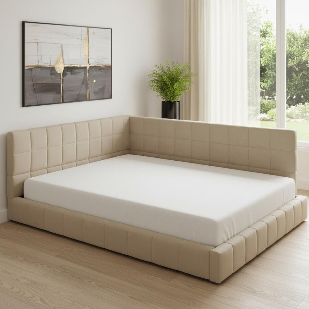 HomeRoots Beige Tufted Linen Day Bed - Stylish Upholstered Full Bed for Guest Rooms, Living Areas & Offices 663494