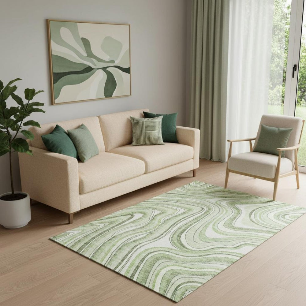 HomeRoots 5' X 8' Artichoke Green & Ivory Marble Area Rug - Washable, UV-Protected & Stain-Resistant Design 663496