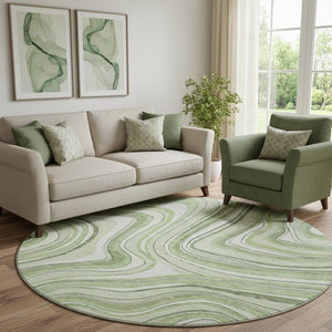 HomeRoots 8' Artichoke Green & Ivory Marble Washable Round Rug - Stylish, Durable & UV-Resistant Design 663497
