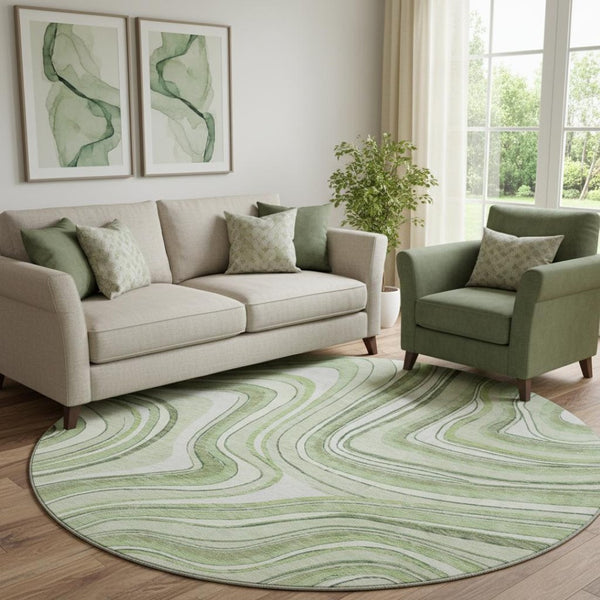 HomeRoots 8' Artichoke Green & Ivory Marble Washable Round Rug - Stylish, Durable & UV-Resistant Design 663497