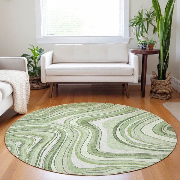 HomeRoots 8' Artichoke Green & Ivory Marble Washable Round Rug - Stylish, Durable & UV-Resistant Design 663497