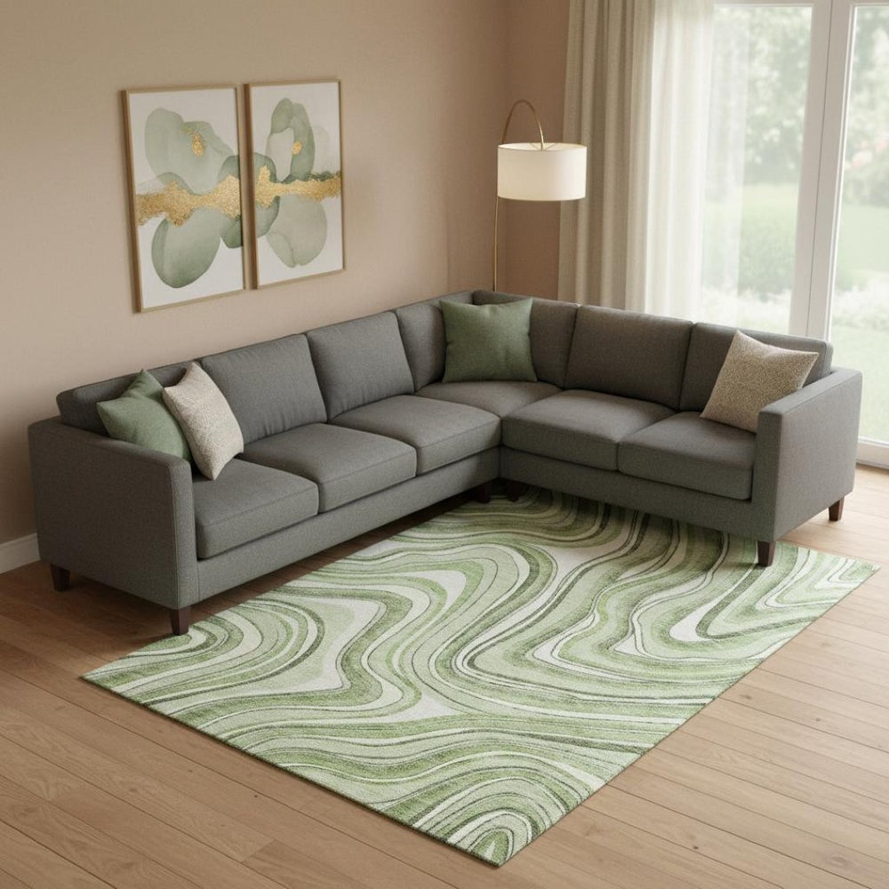 HomeRoots 8' X 10' Artichoke Green Ivory Marble Washable Area Rug with Stain Resistance & UV Protection 663498