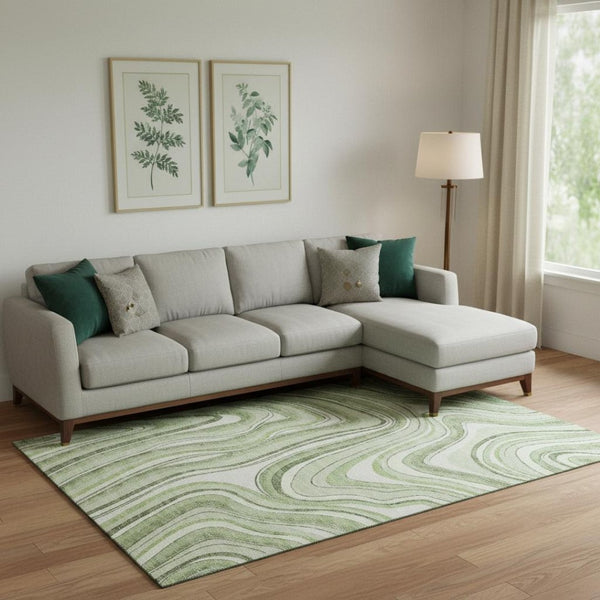 HomeRoots 10' Artichoke Green & Ivory Marble Washable Area Rug – Stain Resistant, UV Protected, Non-Slip Design 663500