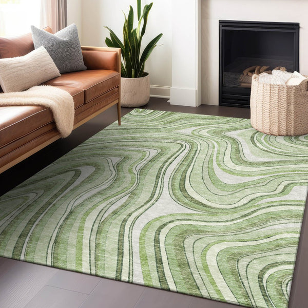 HomeRoots 10' Artichoke Green & Ivory Marble Washable Area Rug – Stain Resistant, UV Protected, Non-Slip Design 663500