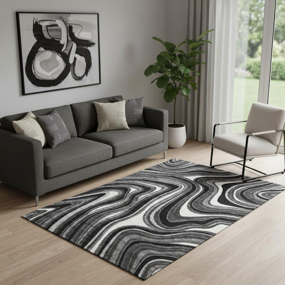 HomeRoots 5' X 8' Marble-Effect Area Rug in Black, Gray & White – Washable, Durable, UV Protected Design! 663502
