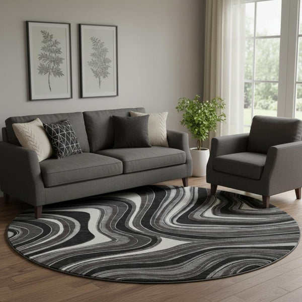 HomeRoots 8' Stylish Black Gray & White Marble Washable Round Rug with UV Protection for Modern Homes 663503