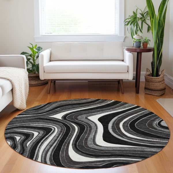 HomeRoots 8' Stylish Black Gray & White Marble Washable Round Rug with UV Protection for Modern Homes 663503