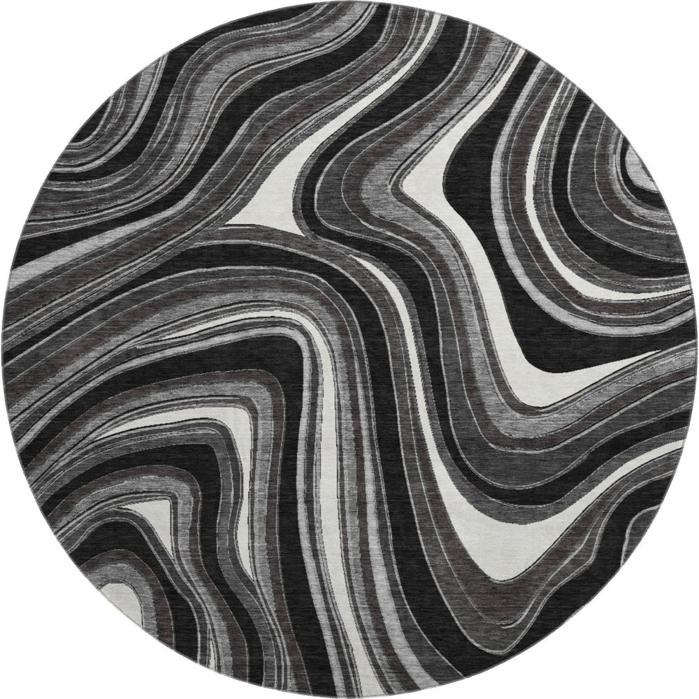 HomeRoots 8' Stylish Black Gray & White Marble Washable Round Rug with UV Protection for Modern Homes 663503