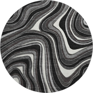 HomeRoots 8' Stylish Black Gray & White Marble Washable Round Rug with UV Protection for Modern Homes 663503