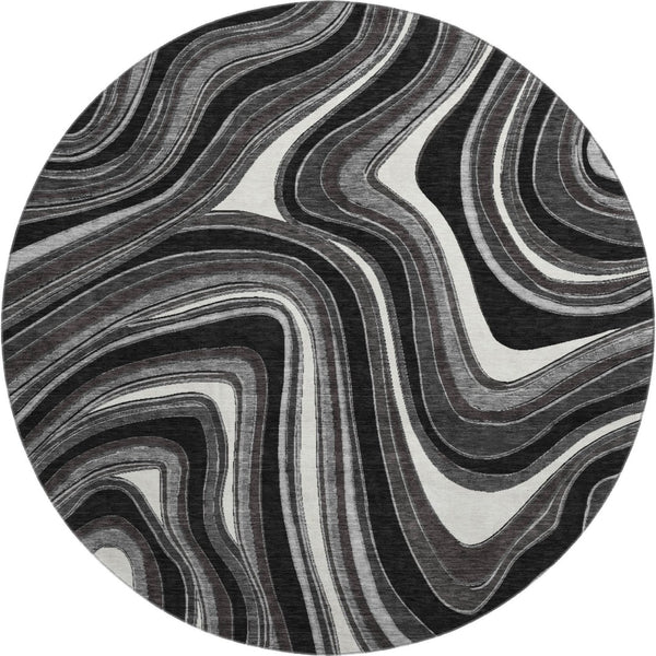 HomeRoots 8' Stylish Black Gray & White Marble Washable Round Rug with UV Protection for Modern Homes 663503