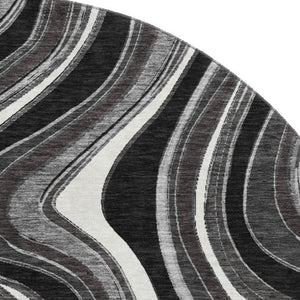 HomeRoots 8' Stylish Black Gray & White Marble Washable Round Rug with UV Protection for Modern Homes 663503