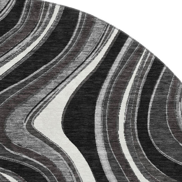 HomeRoots 8' Stylish Black Gray & White Marble Washable Round Rug with UV Protection for Modern Homes 663503