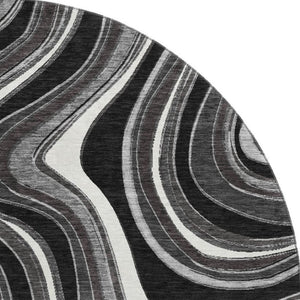 HomeRoots 8' Stylish Black Gray & White Marble Washable Round Rug with UV Protection for Modern Homes 663503