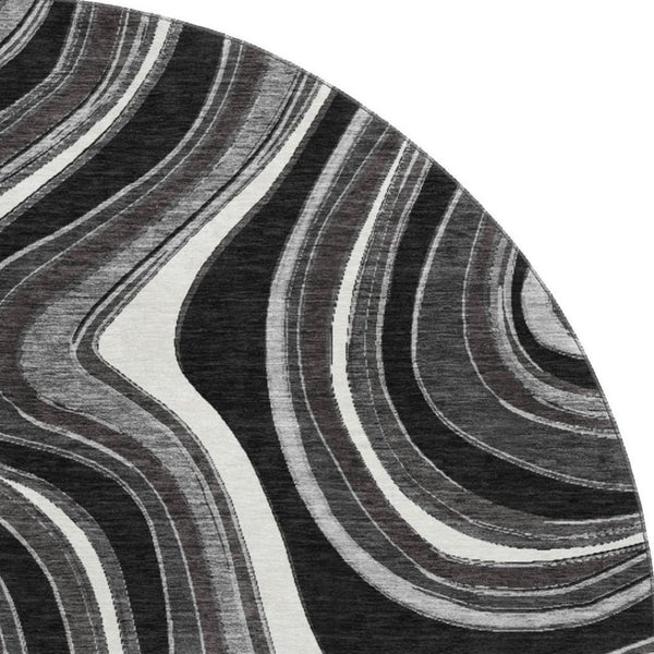 HomeRoots 8' Stylish Black Gray & White Marble Washable Round Rug with UV Protection for Modern Homes 663503