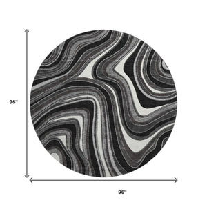 HomeRoots 8' Stylish Black Gray & White Marble Washable Round Rug with UV Protection for Modern Homes 663503
