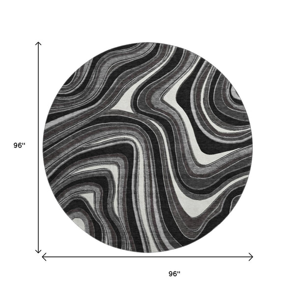 HomeRoots 8' Stylish Black Gray & White Marble Washable Round Rug with UV Protection for Modern Homes 663503