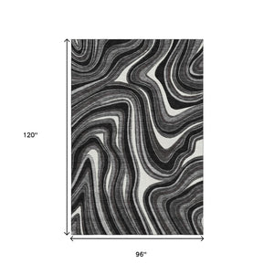 HomeRoots 8' X 10' Stylish Black Gray White Marble Area Rug - Washable, UV-Protected, Pet-Friendly Design 663504