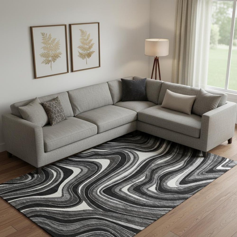 HomeRoots 8' X 10' Stylish Black Gray White Marble Area Rug - Washable, UV-Protected, Pet-Friendly Design 663504