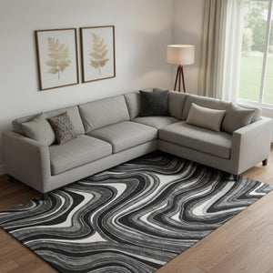 HomeRoots 8' X 10' Stylish Black Gray White Marble Area Rug - Washable, UV-Protected, Pet-Friendly Design 663504