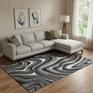HomeRoots 9' X 12' Marble Washable Area Rug in Black, Gray & White - UV Protected, Stain Resistant & Durable 663505