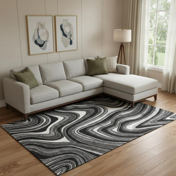 HomeRoots 9' X 12' Marble Washable Area Rug in Black, Gray & White - UV Protected, Stain Resistant & Durable 663505