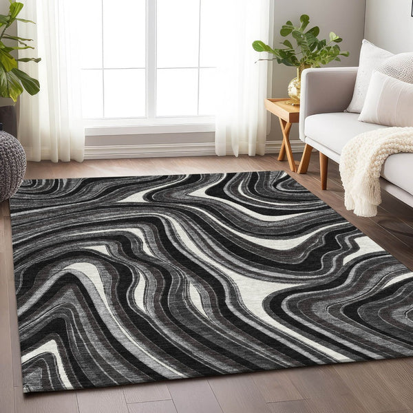 HomeRoots 9' X 12' Marble Washable Area Rug in Black, Gray & White - UV Protected, Stain Resistant & Durable 663505
