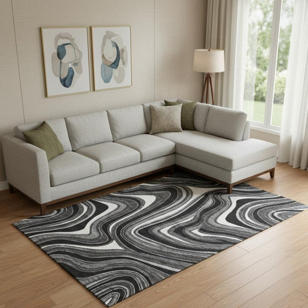 HomeRoots 10' X 14' Elegant Black Gray White Marble Washable Area Rug with UV Protection for Modern Spaces 663506