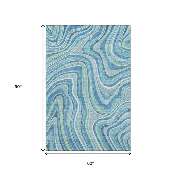 HomeRoots 5' X 8' Marble Washable Area Rug in Blue Green Ivory - UV Protected, Stain Resistant, Cozy Style! 663508