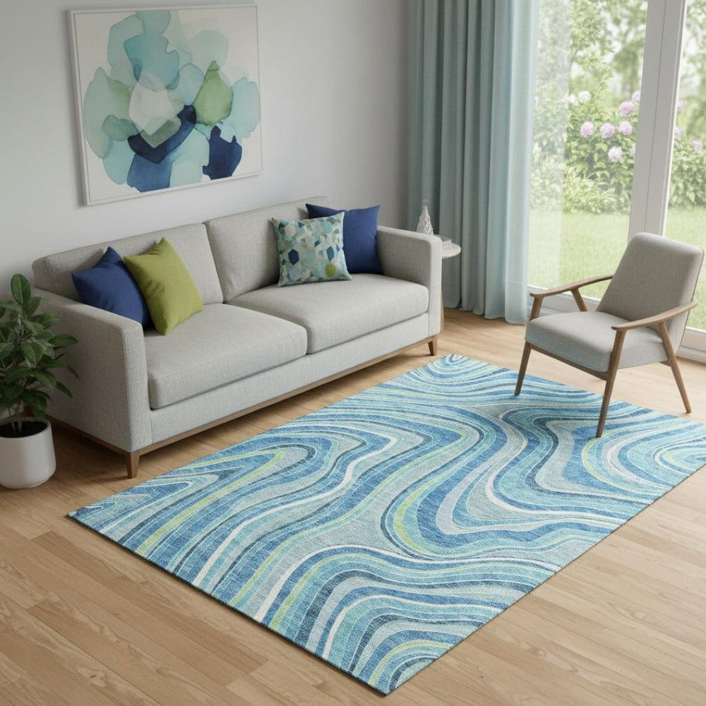 HomeRoots 5' X 8' Marble Washable Area Rug in Blue Green Ivory - UV Protected, Stain Resistant, Cozy Style! 663508