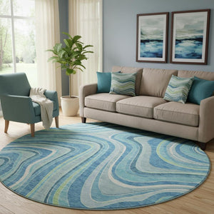 HomeRoots 8' Blue Green And Ivory Marble Round Rug - Washable, UV Protected & Perfect for Busy Homes! 663509