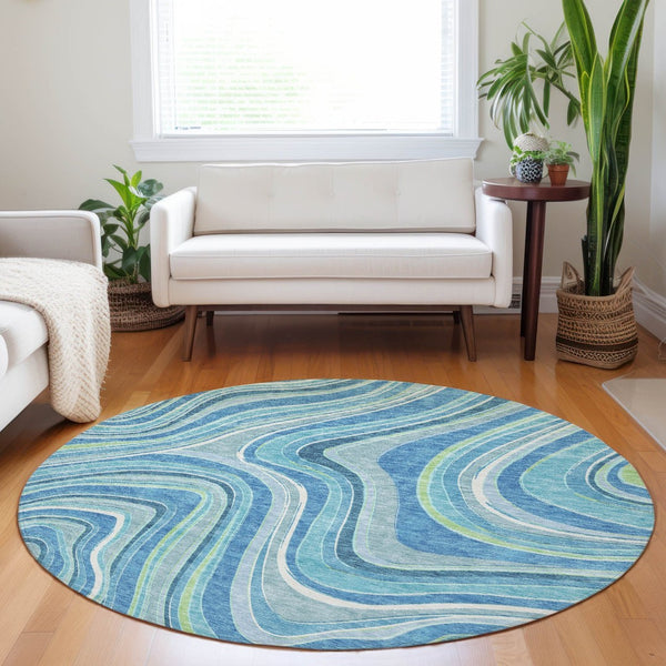 HomeRoots 8' Blue Green And Ivory Marble Round Rug - Washable, UV Protected & Perfect for Busy Homes! 663509