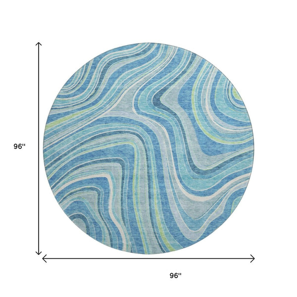 HomeRoots 8' Blue Green And Ivory Marble Round Rug - Washable, UV Protected & Perfect for Busy Homes! 663509