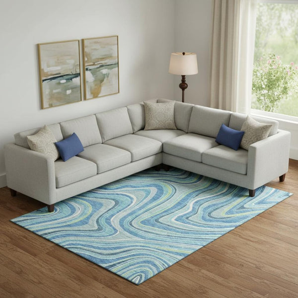 HomeRoots 8' x 10' Washable Blue Green Ivory Marble Area Rug - UV Protected, Durable & Stylish Home Décor 663510