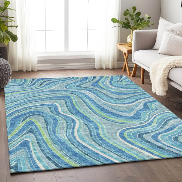 HomeRoots 8' x 10' Washable Blue Green Ivory Marble Area Rug - UV Protected, Durable & Stylish Home Décor 663510