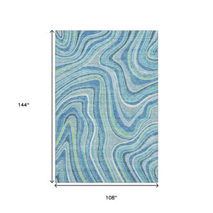 HomeRoots 9' X 12' Marble Area Rug in Blue Green Ivory - Durable, Washable, UV Protected for Stylish Spaces 663511