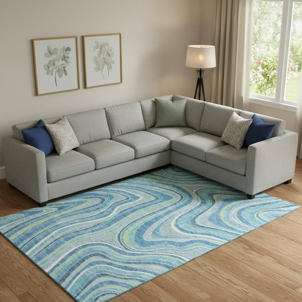 HomeRoots 9' X 12' Marble Area Rug in Blue Green Ivory - Durable, Washable, UV Protected for Stylish Spaces 663511