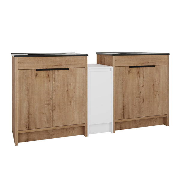 English Elm 72 Inch Freestanding Bathroom Vanity With Black Ceramic Sink, Soft-Close Doors & Ample Storage W999S00324