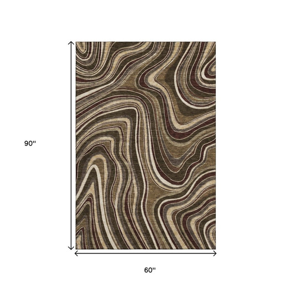 HomeRoots 5' Marble Washable Area Rug in Brown, Beige & Taupe – UV Protected, Stain Resistant & Soft Feel 663520