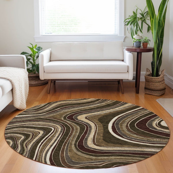 HomeRoots 8' Marble-Patterned Round Rug in Brown, Beige & Taupe - UV Protected, Washable, Durable & Stylish 663521