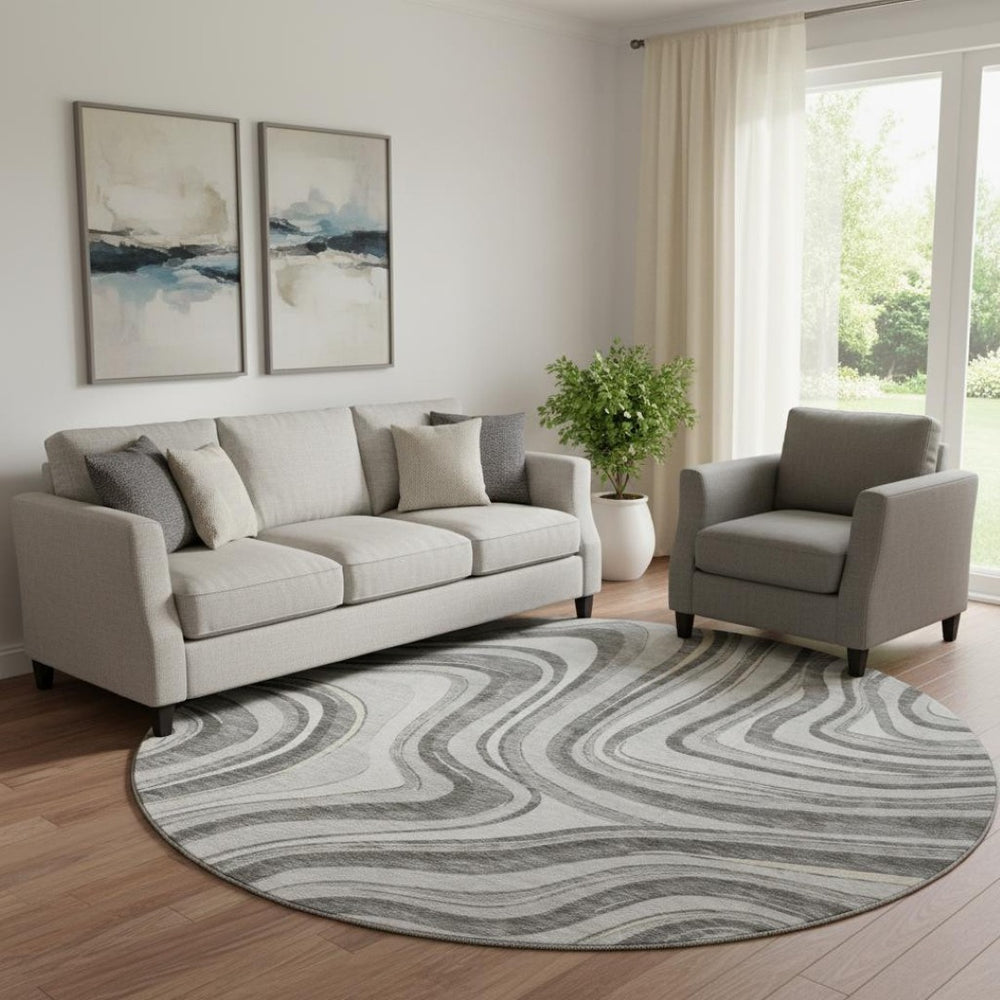 HomeRoots 8' Gray and Ivory Marble Washable Round Rug - Durable, Stylish, UV-Protected for High-Traffic Areas 663533