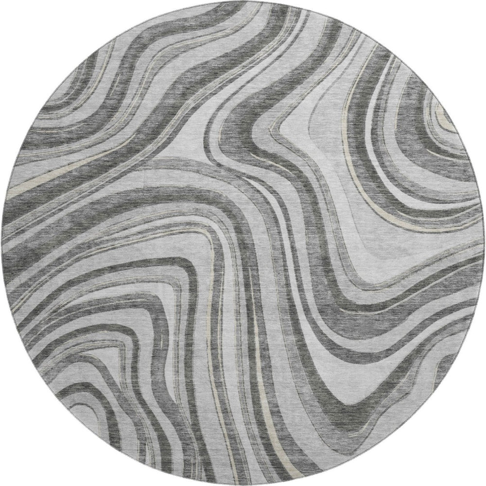 HomeRoots 8' Gray and Ivory Marble Washable Round Rug - Durable, Stylish, UV-Protected for High-Traffic Areas 663533