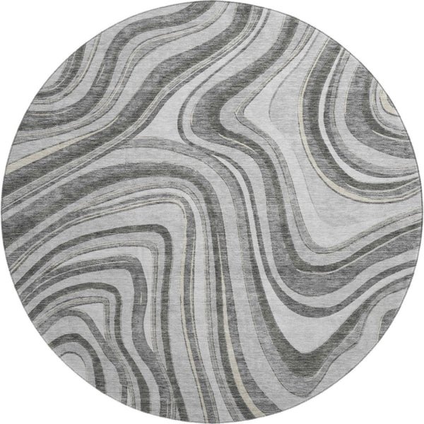 HomeRoots 8' Gray and Ivory Marble Washable Round Rug - Durable, Stylish, UV-Protected for High-Traffic Areas 663533