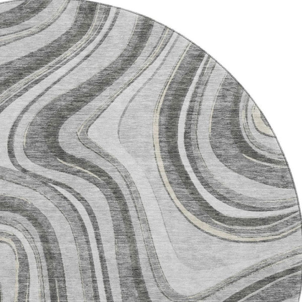HomeRoots 8' Gray and Ivory Marble Washable Round Rug - Durable, Stylish, UV-Protected for High-Traffic Areas 663533