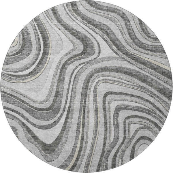 HomeRoots 8' Gray and Ivory Marble Washable Round Rug - Durable, Stylish, UV-Protected for High-Traffic Areas 663533